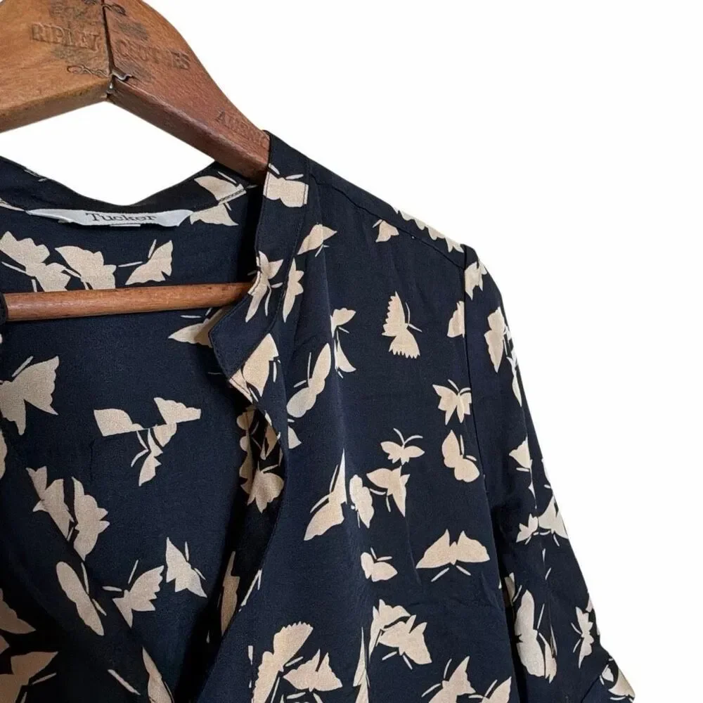 Tucker Butterfly Button Front Silk Blend 3/4 Sleeve Tunic Shirt Dress Navy Small